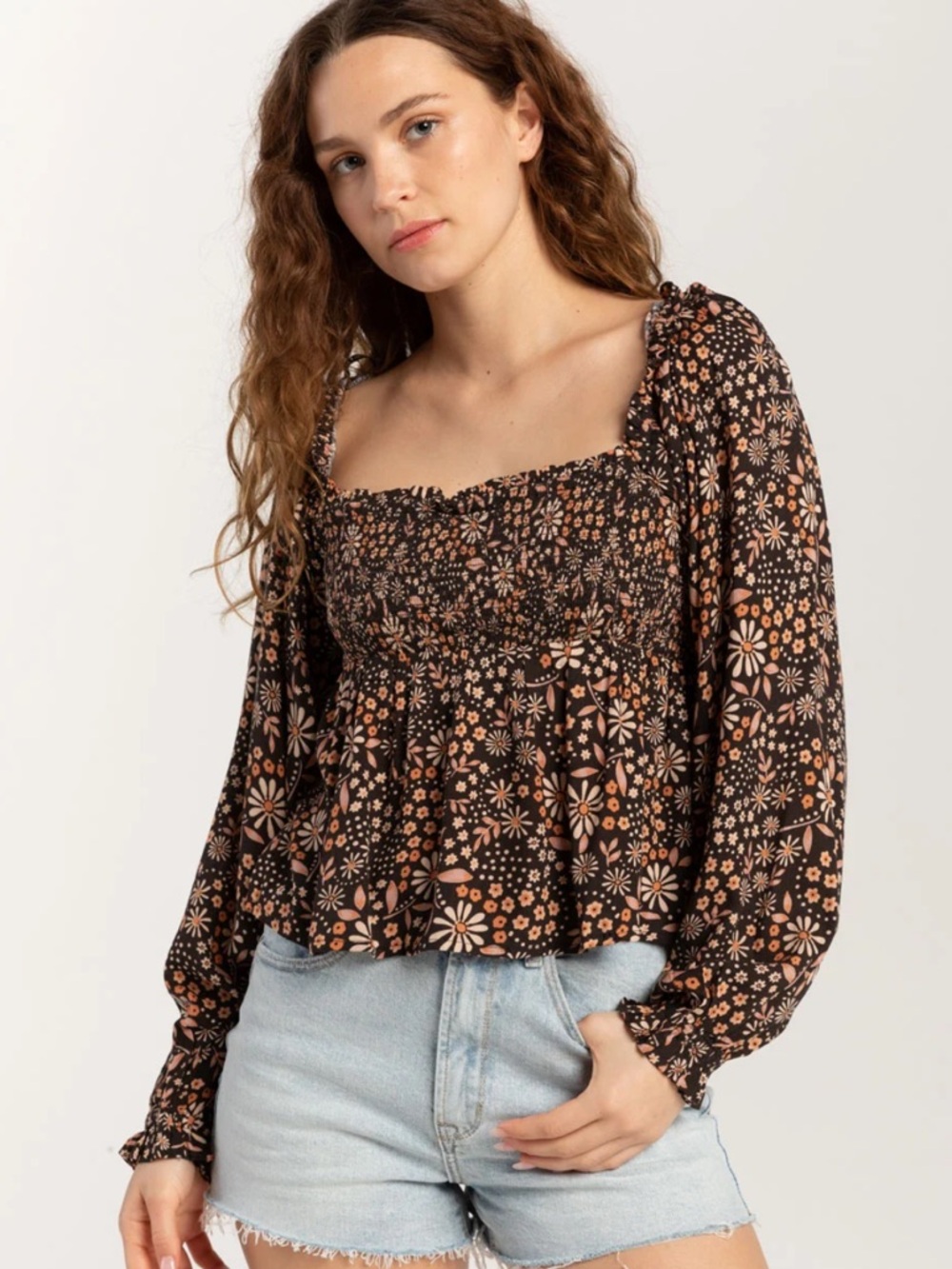 Volcom Black Floral Smocked Peasant Top